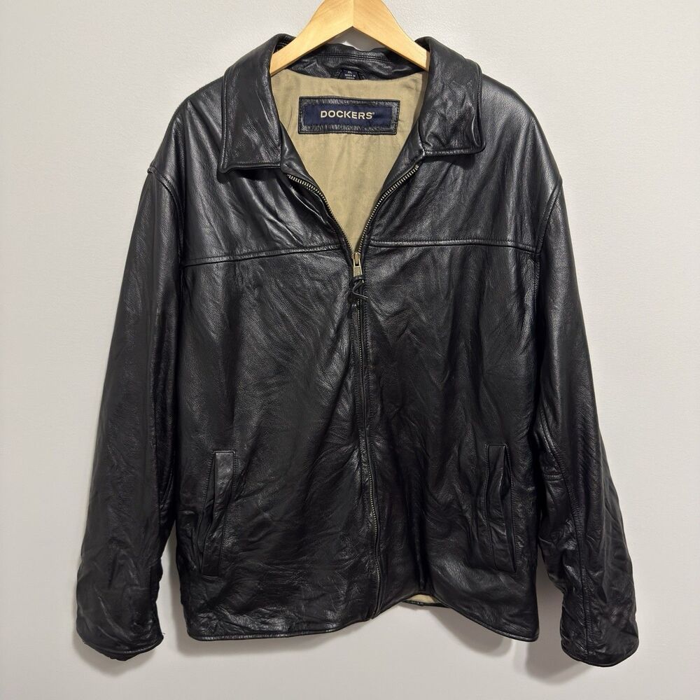 Dockers Black Leather Jacket Men's Sz XL Classic Bomber Old Money Casual